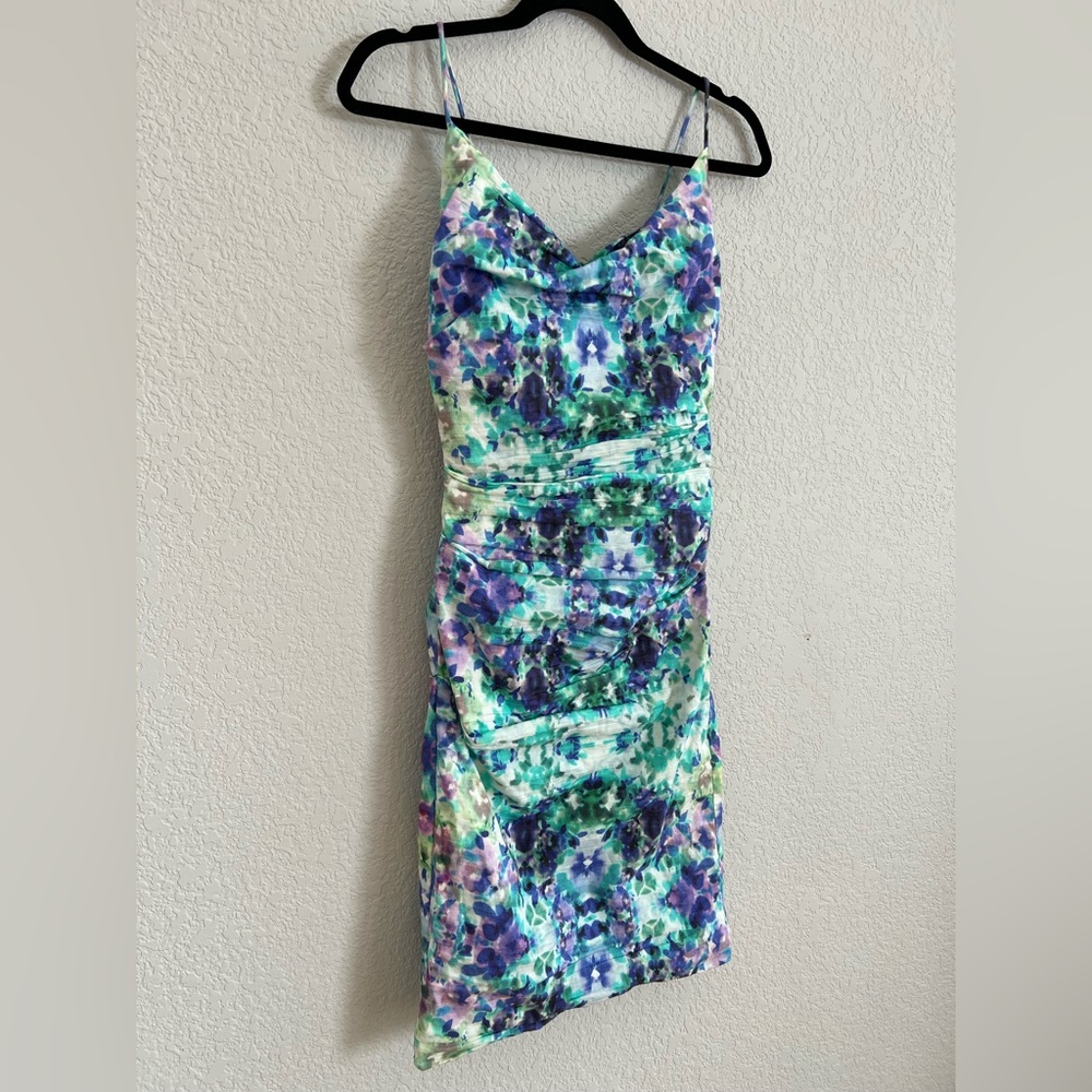 NICOLE MILLER Purple Green Floral Ruche Bodycon Dress sz6